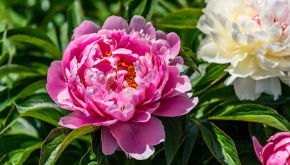 Pink and white peony. Spring flowers. Beautiful bouquet.