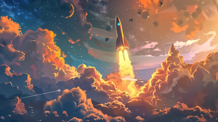 Cartoon space ship rocket taking off - obrazy, fototapety, plakaty