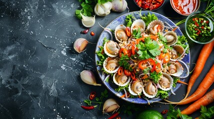 Cockles Spicy Salad (Clams) with Thai Herbs in Chili oil Paste ontop with Crispy Onion and Garlic Appetizer Asian Thai Food Spicy Style decorate with carved vegetables,
