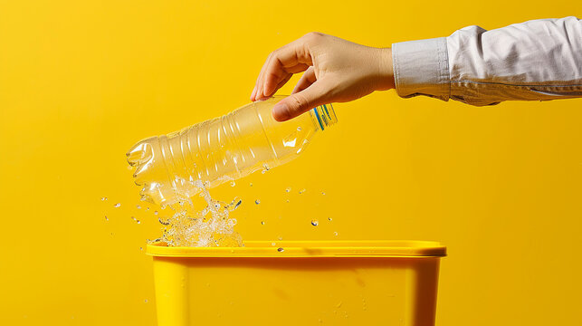 The man throws a plastic bottle into the yellow container to sort the garbage.
