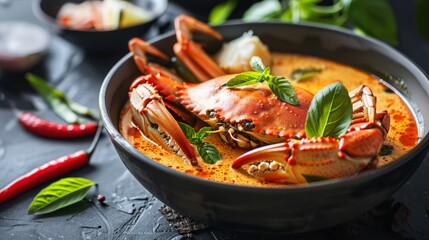 Crab curry in Thai infused red coconut curry sauce on dark moody background, selective focus