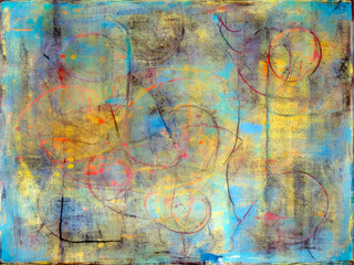 Abstract art paint texture design in weathered pale blue and yellow shades with random line scribbles