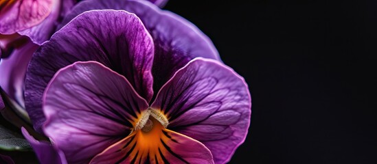 A detailed close-up of a purple flower, known as a macro viola, set against a bold black background. The vibrant flower petals contrast beautifully with the dark backdrop, creating a striking visual