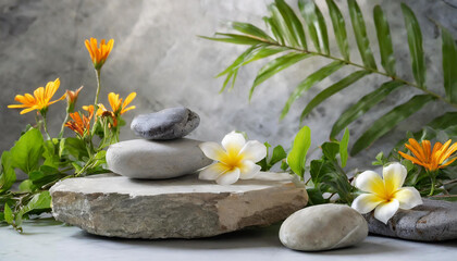 Fototapeta na wymiar Relaxing Zen Scene: Stones and Plants Podium Background with Free Area