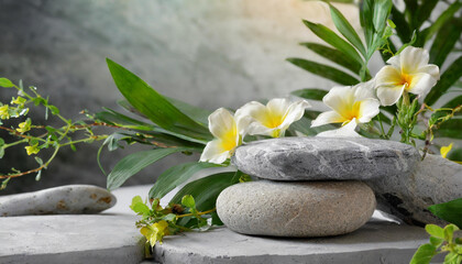 Fototapeta na wymiar Natural Tranquility: Zen Stones and Floral Arrangement for Podium Background