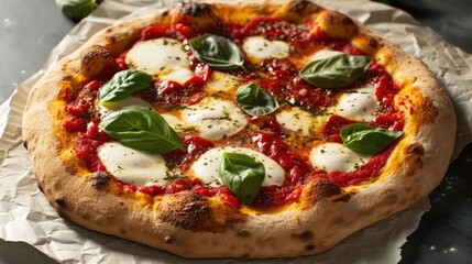 Artisanal Margherita Pizza with Fresh Mozzarella and Basil Leaves.