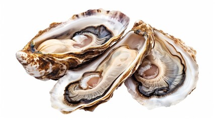 Fresh opened oyster half isolated on white background. Raw french oysters mollusc, shellfish or mussels collection top view