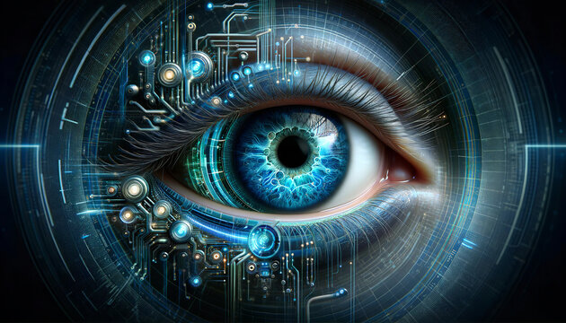 A highly detailed image blending human anatomy with technology, depicting a human eye surrounded by intricate electronic circuits and glowing blue digital elements.Technology background.AI generated.
