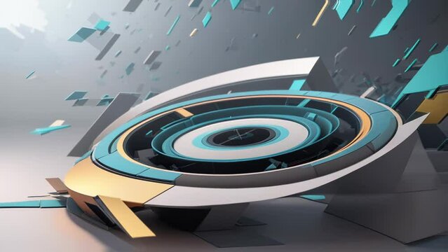 A modern, abstract sculpture with concentric rings in turquoise, blue, and yellow on a grey background.