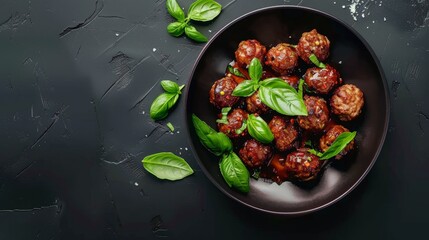 Fried meatballs with basil in a black plate on a dark background. - obrazy, fototapety, plakaty