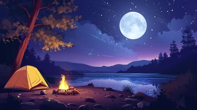 Moonlit Campfire: Night Landscape Illuminated by the Full Moon Seamless looping 4k time-lapse virtual video animation background. Generated AI