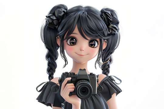 Smiling 3D cartoon girl character with her camera capturing moments. generative AI. Generative AI.
