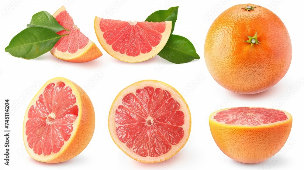 Poster grapefruit isolated. pink grapefruit with leaf. grapefruit whole, slice, half on white. grapefruit s