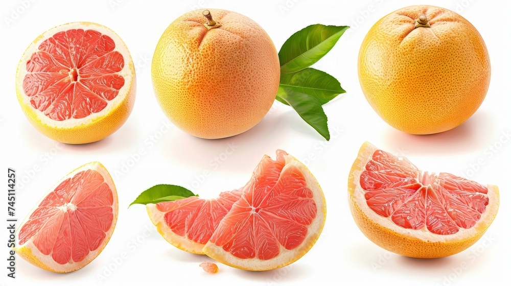 Poster grapefruit isolated. pink grapefruit with leaf. grapefruit whole, slice, half on white. grapefruit s