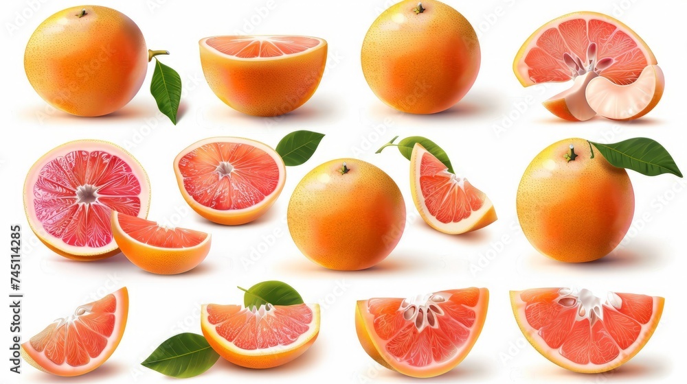 Poster grapefruit isolated. pink grapefruit with leaf. grapefruit whole, slice, half on white. grapefruit s