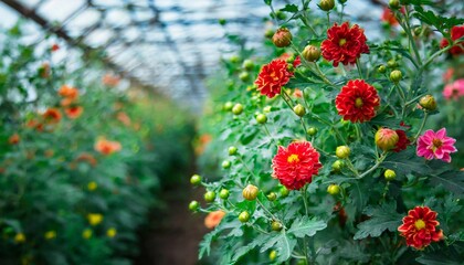 Obraz premium Flowers growing in a greenhouse. Flower farming