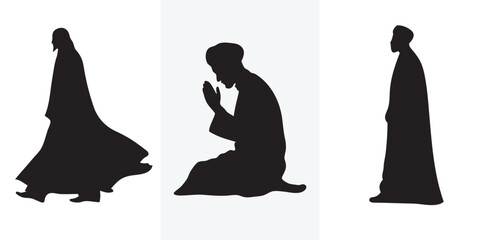 Silhouette of a Muslim man praying. Ramadan Mubarak Vector illustration in black and white.