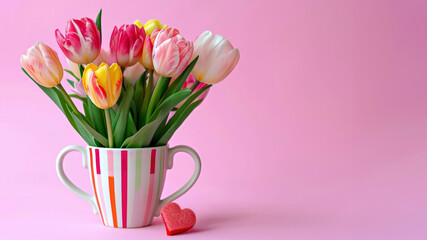 Vase overflowing with vibrant flowers and a heart shape design, set on a soft pink background. High quality photo
