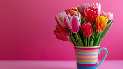Vibrant bouquet of tulips in a cup on a pink background. High quality photo