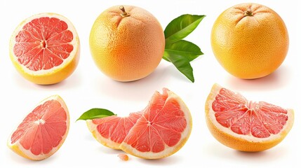 Grapefruit isolated. Pink grapefruit with leaf. Grapefruit whole, slice, half on white. Grapefruit set isolate.
