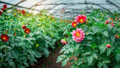 Fototapeta na wymiar Flowers growing in a greenhouse. Flower farming