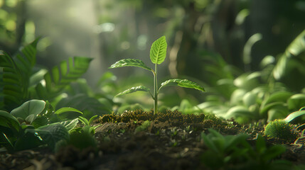 In the quiet of the soil, a young seedling reaches for the light, surrounded by a serene nature backdrop, with room for Earth Day affirmations or custom designs - obrazy, fototapety, plakaty
