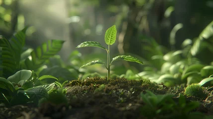 Foto op Plexiglas In the quiet of the soil, a young seedling reaches for the light, surrounded by a serene nature backdrop, with room for Earth Day affirmations or custom designs © Muhammad