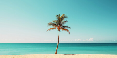 Fototapeta na wymiar Palm on a sunny tropical sea shore under turquoise sky. Vacation concept. Generative AI