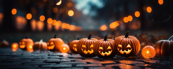 Scary Halloween pumpkins on the ground. Helloween background