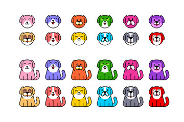 Set of Dog. Different colors. Cute Dogs faces. Sticker print template. Flat style