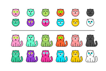 Set of Cat. Different colors. Cute Cats faces. Sticker print template. Flat style