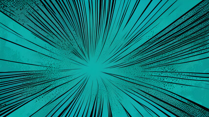 Obraz premium Abstract blue striped retro comic background with halftone corners. Cartoon turquoise background with stripes and half tone pattern for comics book, advertising design, poster, print.