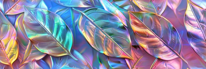 Holographic Iridescent Leaves Tile Pattern Generative AI