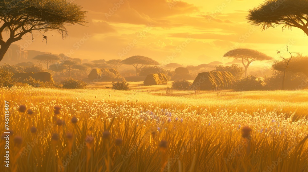 Wall mural Grassland In Golden Sunset