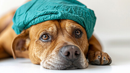 A sick dog lying on the floor wearing a green patient cap - obrazy, fototapety, plakaty