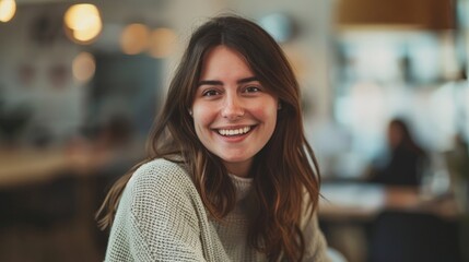 Portrait of a happy casual businesswoman in sweater sitting at her workplace in office