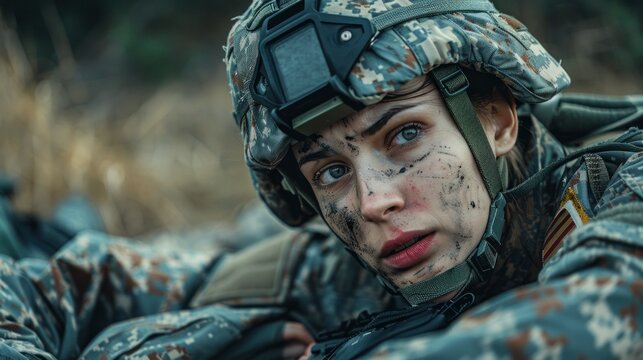 Woman in Camouflage A military medic administering emergency medical