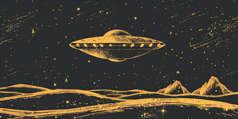 Simple line Illustration UFO On Fire Flying In The Universe black color grunge texture, spaceship black and white modern background, poster. - obrazy, fototapety, plakaty