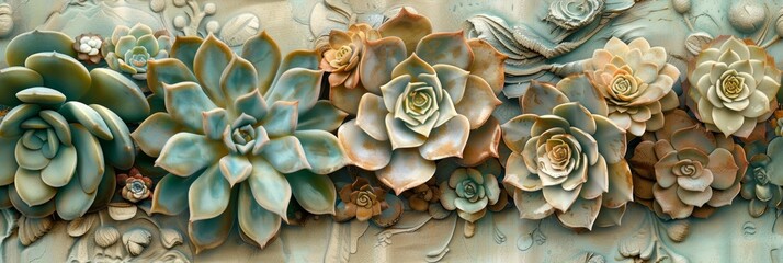 Intricate Succulent Textures: A Tile Pattern of Blooming Plants Generative AI