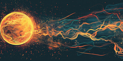 Simple line Illustration Magic ball On Fire Flying In The Universe black color grunge texture. - obrazy, fototapety, plakaty