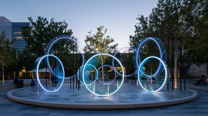 Futuristic Urban Art Installation, Overlapping Illuminated Rings at Dusk, Public Artwork with LED...