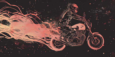 Simple line Illustration motorbike On Fire Flying In The Universe black color grunge texture futuristic black and white line art background.