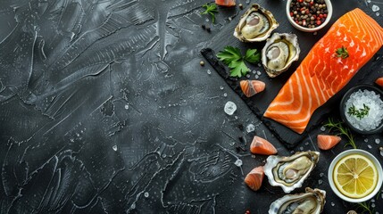 Seafood: Dorado, salmon, crab, grouper, oysters. On a black stone background. Top view. Free space for your text. - obrazy, fototapety, plakaty