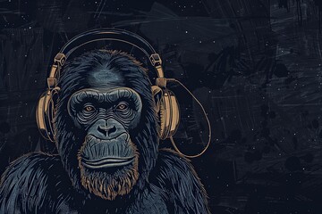 Simple line Illustration chimpanzee with headphones Flying In The Universe black color grunge texture --ar 3:2 --style raw --v 6 Job ID: db9a403d-585f-42b9-b475-9018140e42c3 - obrazy, fototapety, plakaty