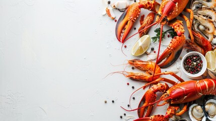 Seafood on a white background. Lobster, fish, shellfish. Top view. Free copy space. - obrazy, fototapety, plakaty
