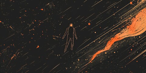 Simple line Illustration man of the future On Fire Flying In The Universe black color grunge texture, futuristic black and white line art background. - obrazy, fototapety, plakaty