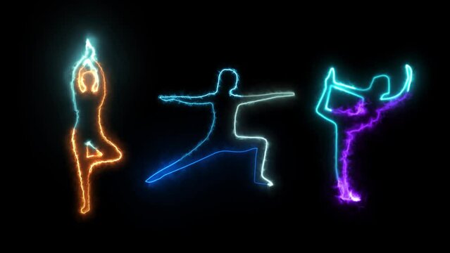 Glowing yoga animation sign. Yoga neon sign animation. neon line Meditating person silhouette on black background. Neon glowing sign of yoga exercices club on black background.