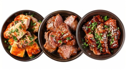 Set of grilled chicken, pork and beef meat in bowl isolated on white background, top view