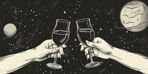 Simple line Illustration two glasses of wine and hands Flying In The Universe black color grunge texture.