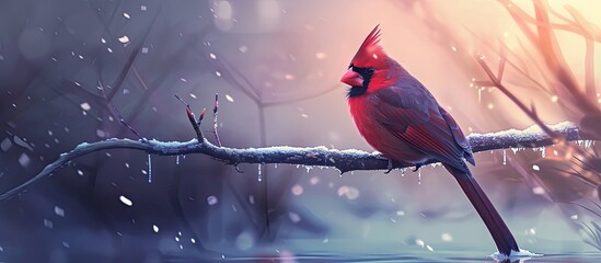 A vibrant red male Northern cardinal perches on a bare branch amidst a snowy winter scene. The birds striking plumage stands out against the white background, creating a stark contrast.